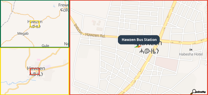 Map showing the address of Hawzen Bus Station in three different zoom levels.