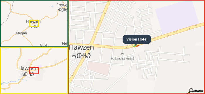 Map showing the address of Vision Hotel in three different zoom levels.
