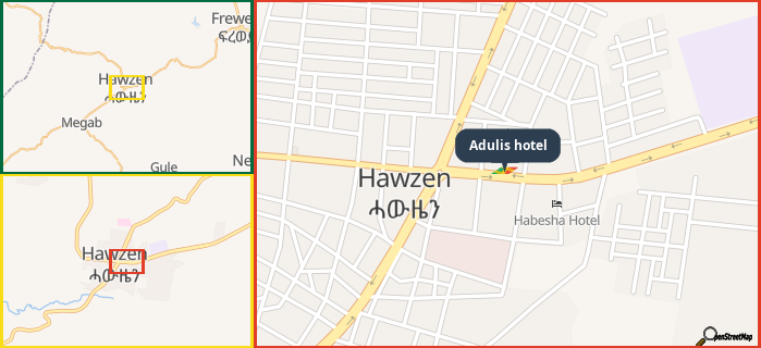 Map showing the address of Adulis hotel in three different zoom levels.