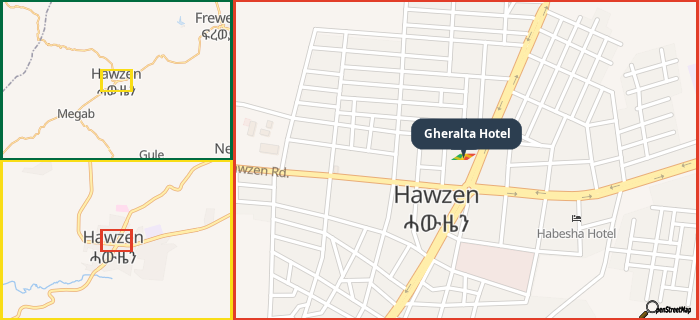 Map showing the address of Gheralta Hotel in three different zoom levels.