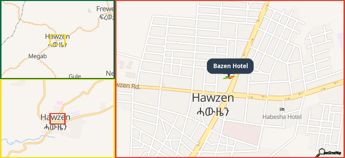 Map showing the address of Bazen Hotel in three different zoom levels.