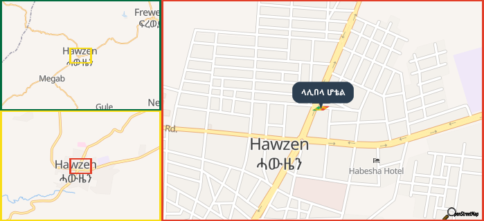 Map showing the address of ላሊበላ ሆቴል in three different zoom levels.