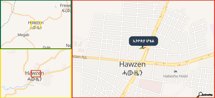 Map showing the address of ኢትዮጵያ ሆቴል in three different zoom levels.