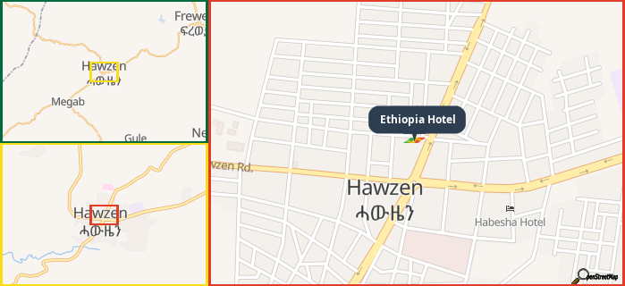 Map showing the address of Ethiopia Hotel in three different zoom levels.
