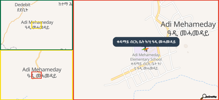 Map showing the address of ቀዳማይ ብርኪ ቤት ት/ቲ ዓዲ መሓመዳይ in three different zoom levels.