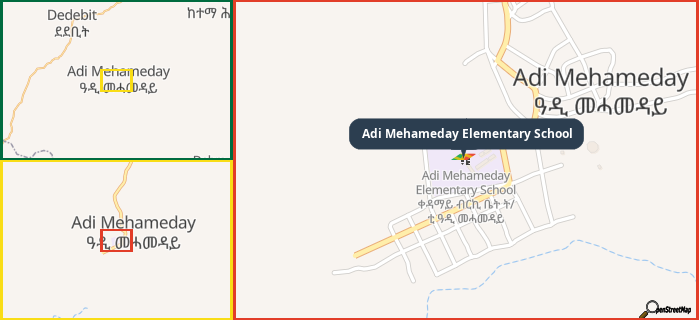 Map showing the address of Adi Mehameday Elementary School in three different zoom levels.