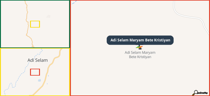 Map showing the address of Adi Selam Maryam Bete Kristiyan in three different zoom levels.