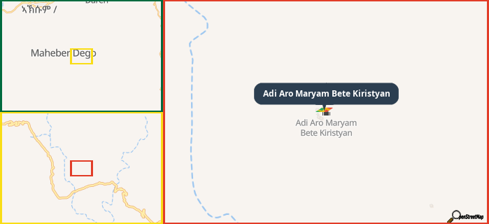 Map showing the address of Adi Aro Maryam Bete Kiristyan in three different zoom levels.