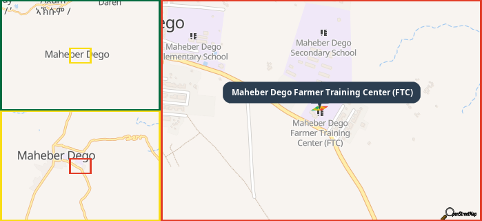 Map showing the address of Maheber Dego Farmer Training Center (FTC) in three different zoom levels.