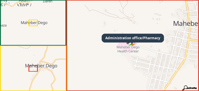 Map showing the address of Administration office/Pharmacy in three different zoom levels.