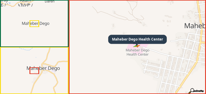 Map showing the address of Maheber Dego Health Center in three different zoom levels.
