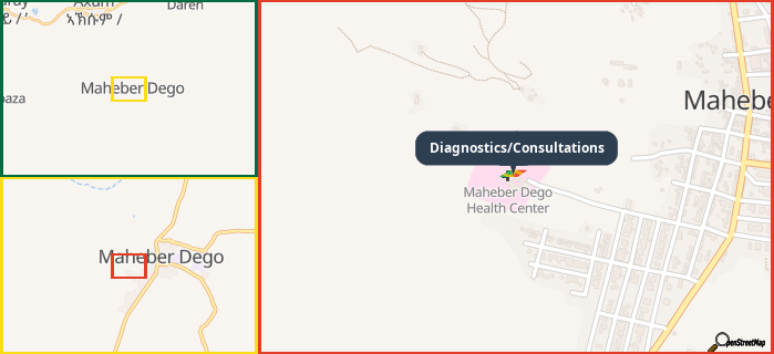 Map showing the address of Diagnostics/Consultations in three different zoom levels.