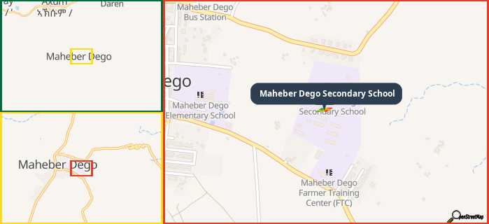 Map showing the address of Maheber Dego Secondary School in three different zoom levels.