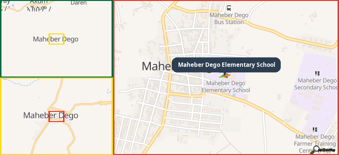 Map showing the address of Maheber Dego Elementary School in three different zoom levels.