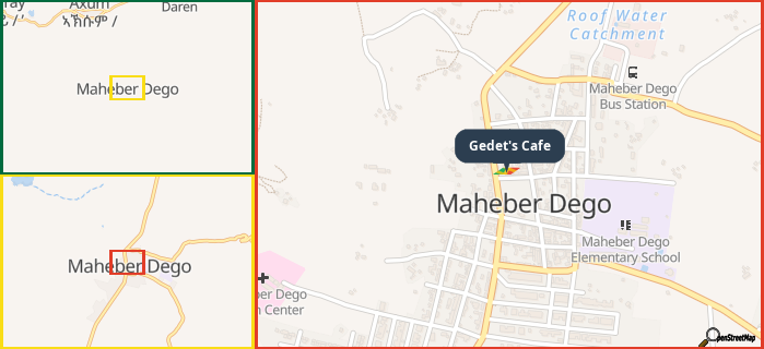 Map showing the address of Gedet's Cafe in three different zoom levels.