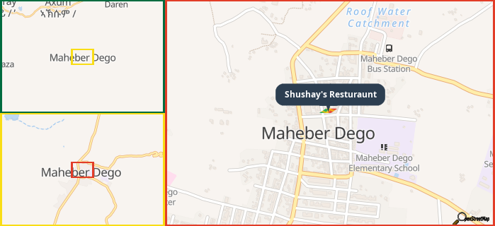 Map showing the address of Shushay's Resturaunt in three different zoom levels.