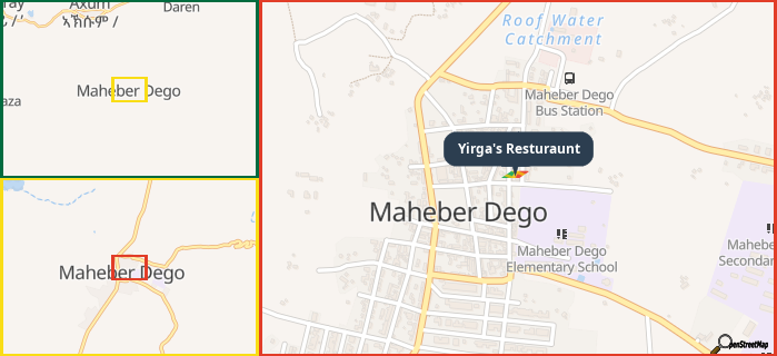 Map showing the address of Yirga's Resturaunt in three different zoom levels.