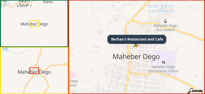 Map showing the address of Berhan's Restaurant and Cafe in three different zoom levels.