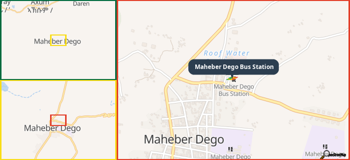 Map showing the address of Maheber Dego Bus Station in three different zoom levels.