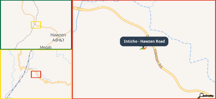 Map showing the address of Inticho - Hawzen Road in three different zoom levels.