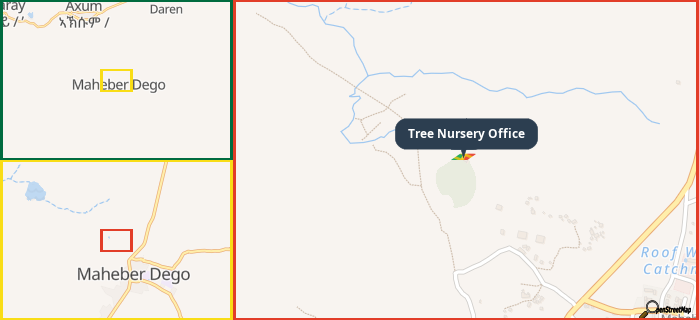 Map showing the address of Tree Nursery Office in three different zoom levels.