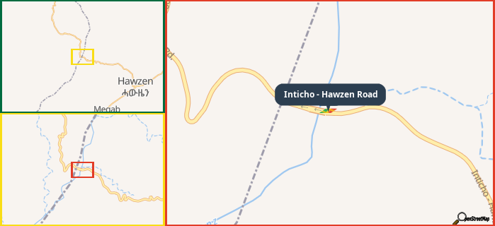 Map showing the address of Inticho - Hawzen Road in three different zoom levels.