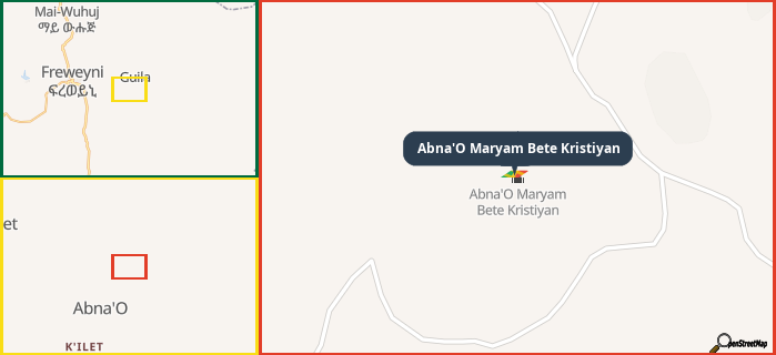Map showing the address of Abna'O Maryam Bete Kristiyan in three different zoom levels.