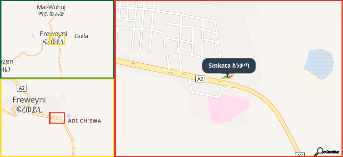 Map showing the address of Sinkata ስንቃጣ in three different zoom levels.