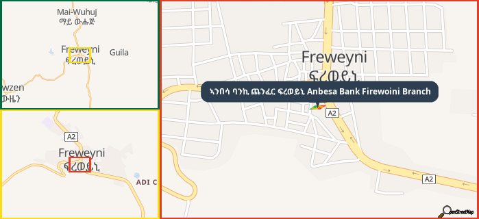 Map showing the address of ኣንበሳ ባንኪ ጨንፈር ፍረወይኒ Anbesa Bank Firewoini Branch in three different zoom levels.