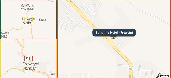 Map showing the address of Sunshine Hotel - Frewoini in three different zoom levels.