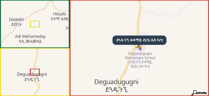Map showing the address of ደጓዱጉኚ ቀዳማይ ብርኪ ቤት ት/ቲ in three different zoom levels.