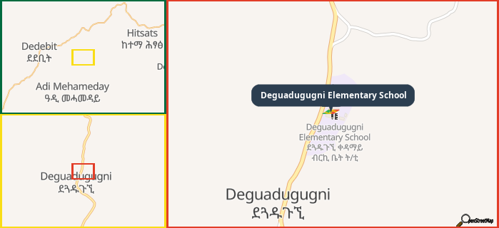 Map showing the address of Deguadugugni Elementary School in three different zoom levels.