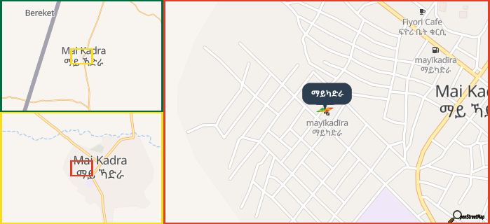 Map showing the address of ማይካድራ in three different zoom levels.