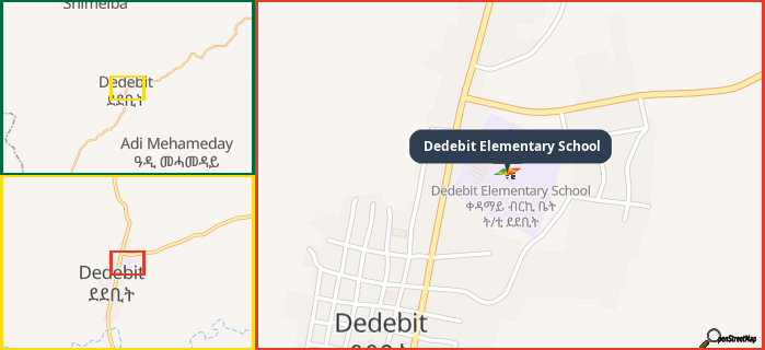 Map showing the address of Dedebit Elementary School in three different zoom levels.