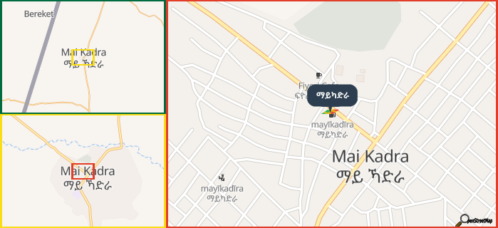 Map showing the address of ማይካድራ in three different zoom levels.