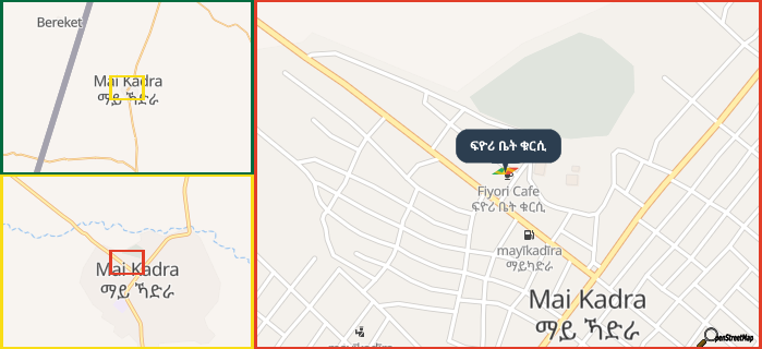 Map showing the address of ፍዮሪ ቤት ቁርሲ in three different zoom levels.