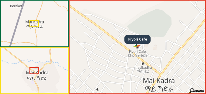 Map showing the address of Fiyori Cafe in three different zoom levels.