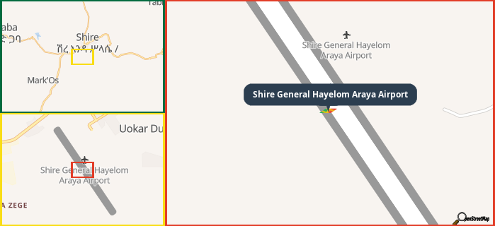 Map showing the address of Shire General Hayelom Araya Airport in three different zoom levels.