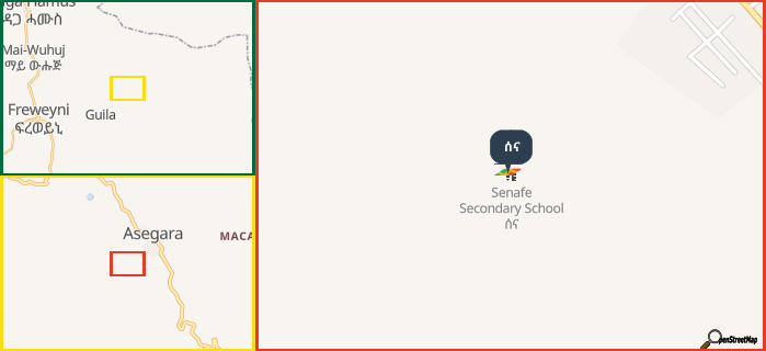 Map showing the address of ሰና in three different zoom levels.