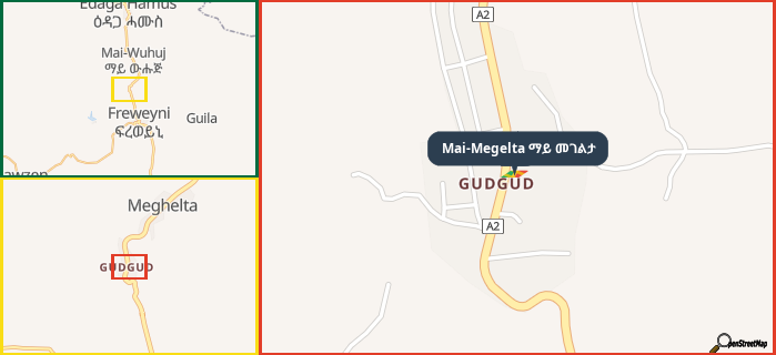 Map showing the address of Mai-Megelta ማይ መገልታ in three different zoom levels.
