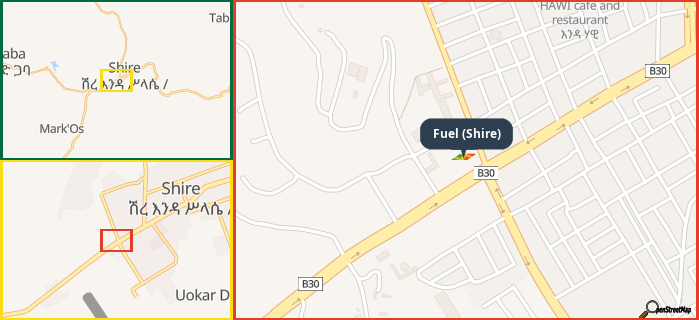 Map showing the address of Fuel (Shire) in three different zoom levels.