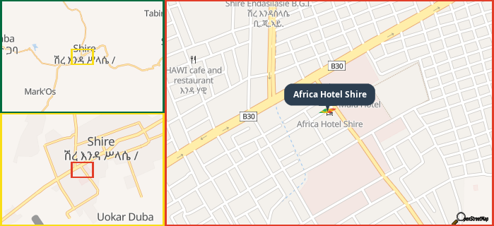 Map showing the address of Africa Hotel Shire in three different zoom levels.