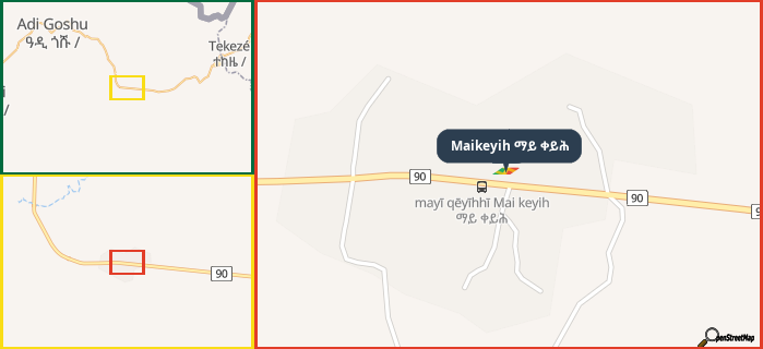 Map showing the address of Maikeyih ማይ ቀይሕ in three different zoom levels.