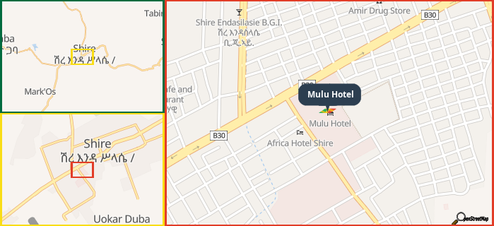 Map showing the address of Mulu Hotel in three different zoom levels.