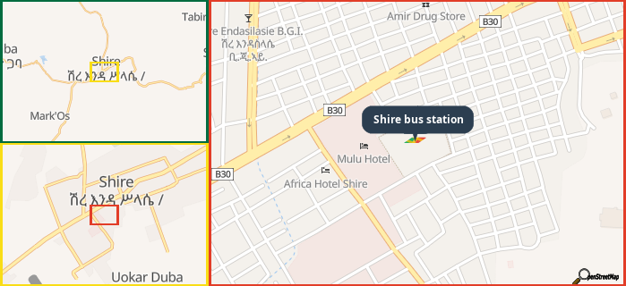 Map showing the address of Shire bus station in three different zoom levels.
