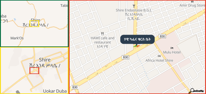 Map showing the address of ሃዊ ካፌና ቁርስ ቤት in three different zoom levels.