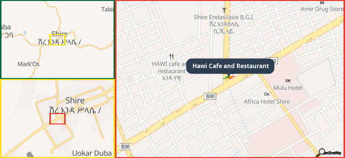 Map showing the address of Hawi Cafe and Restaurant in three different zoom levels.