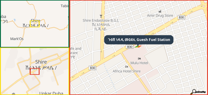 Map showing the address of ጉዕሽ ነዳዲ መዐደሊ Guesh Fuel Station in three different zoom levels.