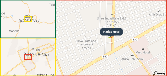 Map showing the address of Hadas Hotel in three different zoom levels.
