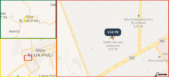 Map showing the address of እንዳ ሃዊ in three different zoom levels.